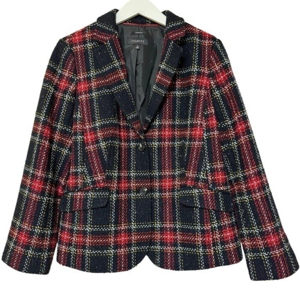Talbots Wool Blazer Jacket Sz 16 Aberdeen Blend Red Black Tartan Plaid Multi